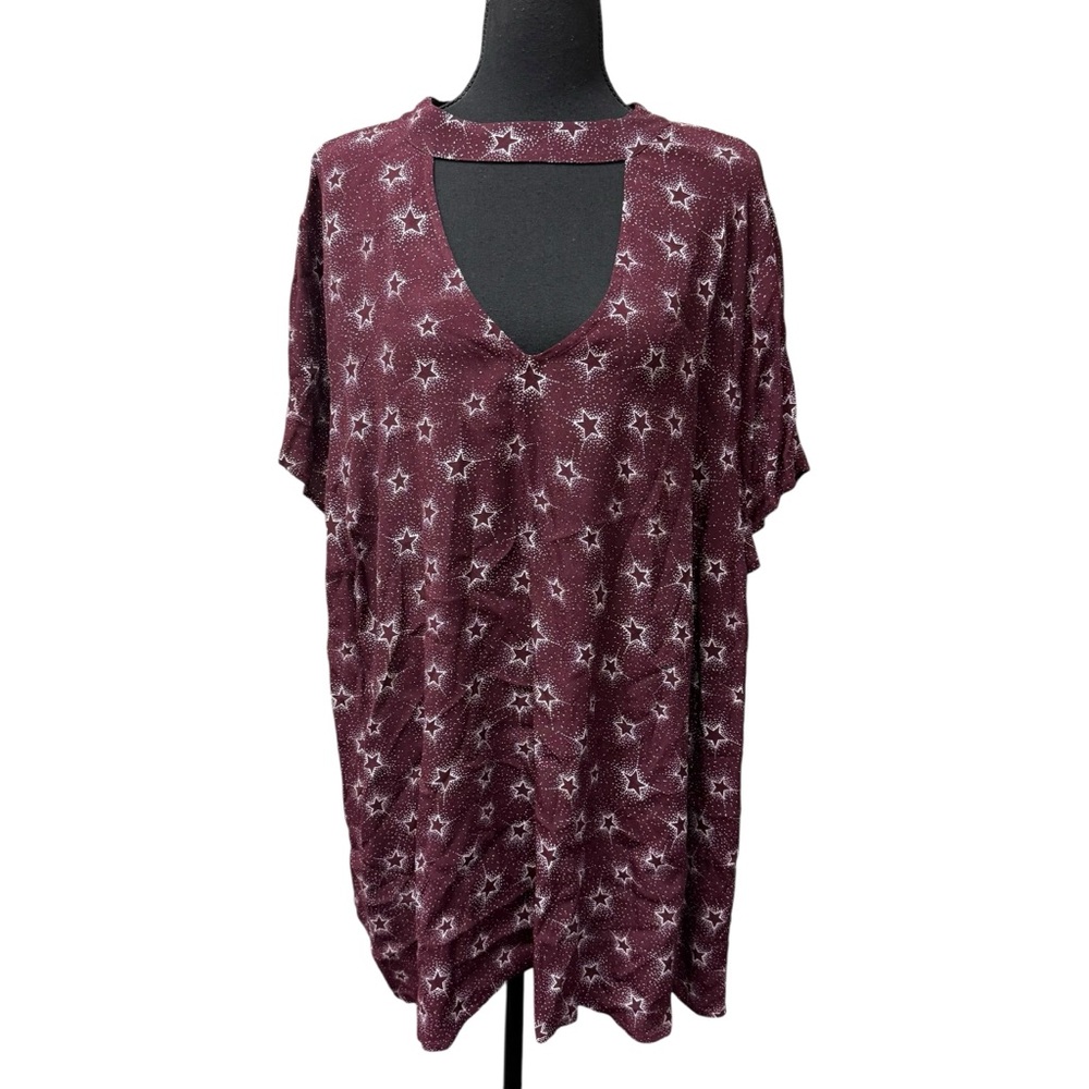 Torrid 3 Burgundy Star Print Keyhole Choker Blouse Plus Size